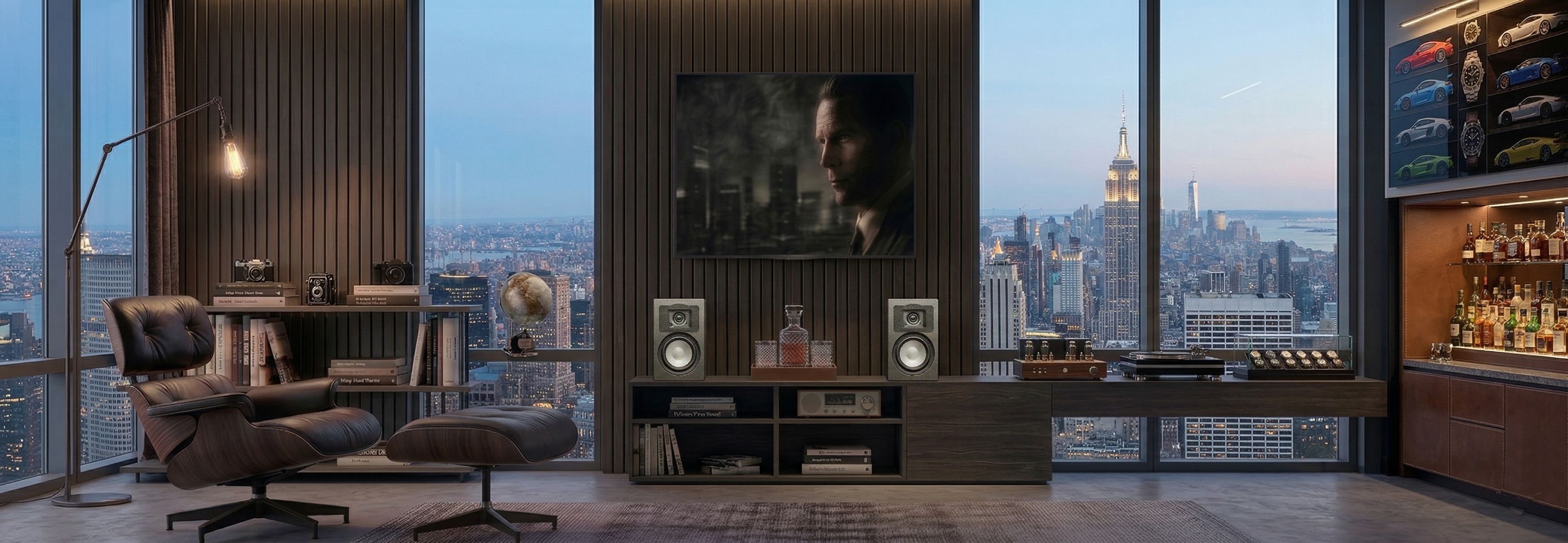 Lipinski L-50 Class A reference monitors in a luxury New York City high-rise penthouse listening room